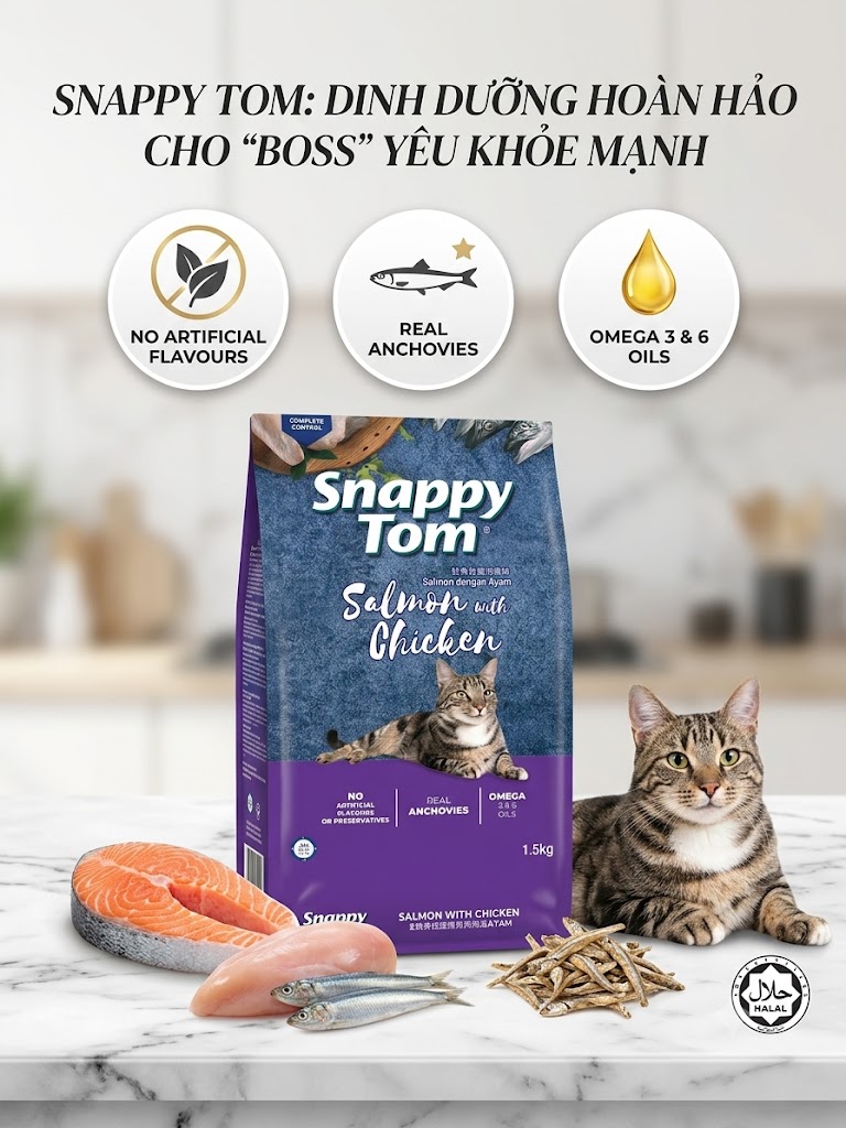 Thức Ăn Hạt Cho Mèo Snappy Tom Cá Hồi và Gà 1.5kg